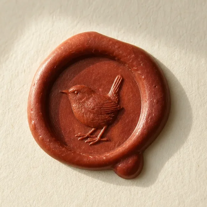 a rust-red wax seal pressed with a small wren