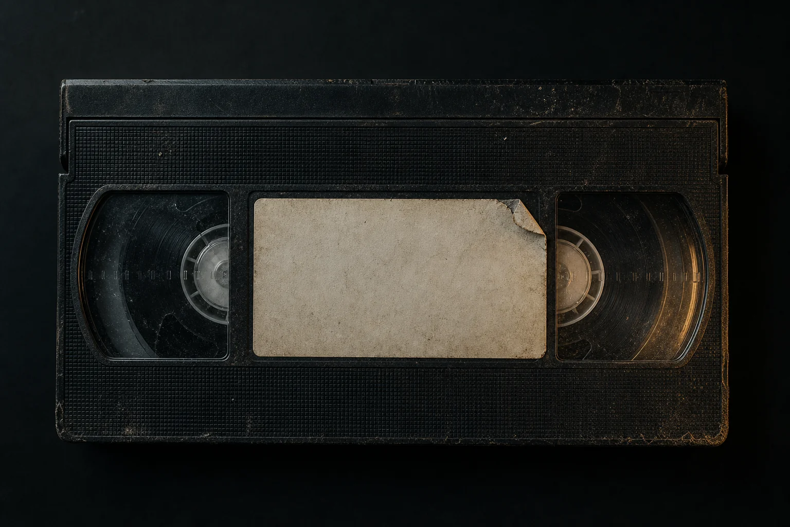 a dusty black videocassette with a blank, peeling paper label