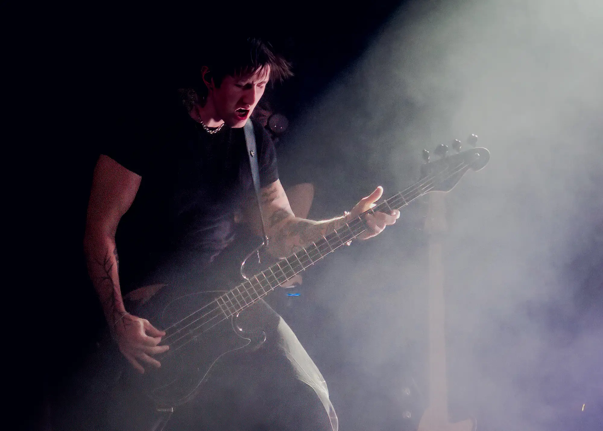 grandson's bassist silhouetted in stage fog at the Commodore Ballroom, 2025. Live photo by Spencer Nakamura.