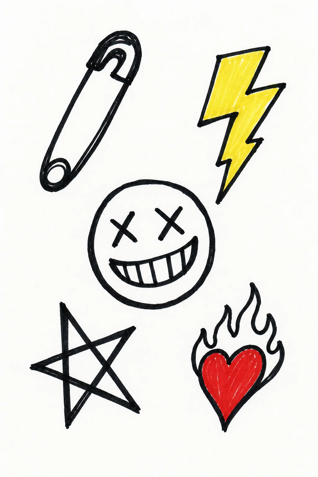 a sheet of thick marker doodles: a safety pin, a yellow lightning bolt, a grinning face with X eyes, a star, a red flaming heart