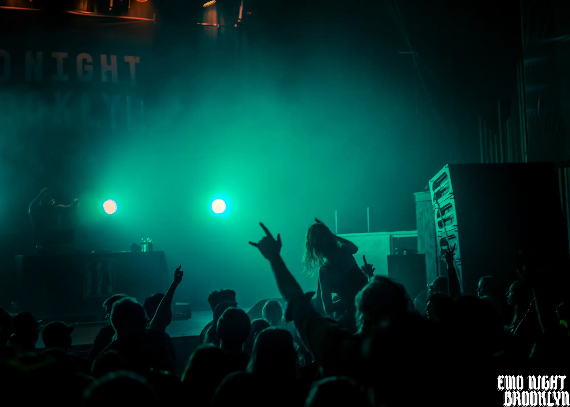 Silhouetted crowd throwing devil horns in green haze at the Rickshaw Theatre